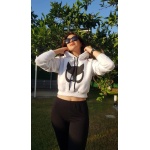 Beyaz Kalın İçi Polarlı Kapüşonlu Normal Kesim Desenli Crop Örme Sweat